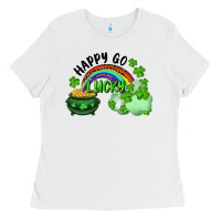 White Happy Go Lucky Rainbow Shamrocks And Pot Of Gold Ladies Tee - RanaPortraitStore