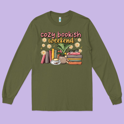 Cozy Bookish Weekend Long Sleeve Tee Designed By Maliassmallbusiness