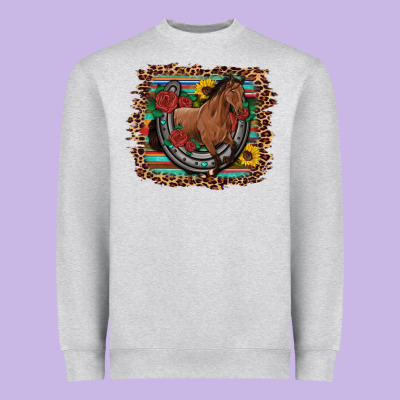 Western Horse Horseshoe Roses Sunflowers Serape Leopard Heavyweight Sweatshirt Designed By Artiststas