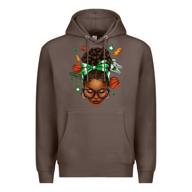 Afro Messy Bun Basketball Green Bow Premium Hoodie by texasbilliewilder | Teevron