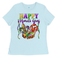 Baby Blue Happy Mardi Gras Fleur De Lis King Cake Crawfish Ladies Tee - RanaPortraitStore