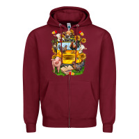 Burgundy farm animals with school bus Zipper Hoodie - NancyCooperArtShop