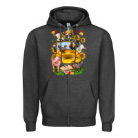 Charcoal Heather farm animals with school bus Zipper Hoodie - NancyCooperArtShop
