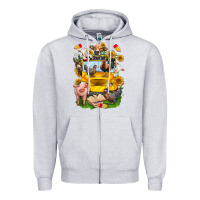 Heather Grey farm animals with school bus Zipper Hoodie - NancyCooperArtShop