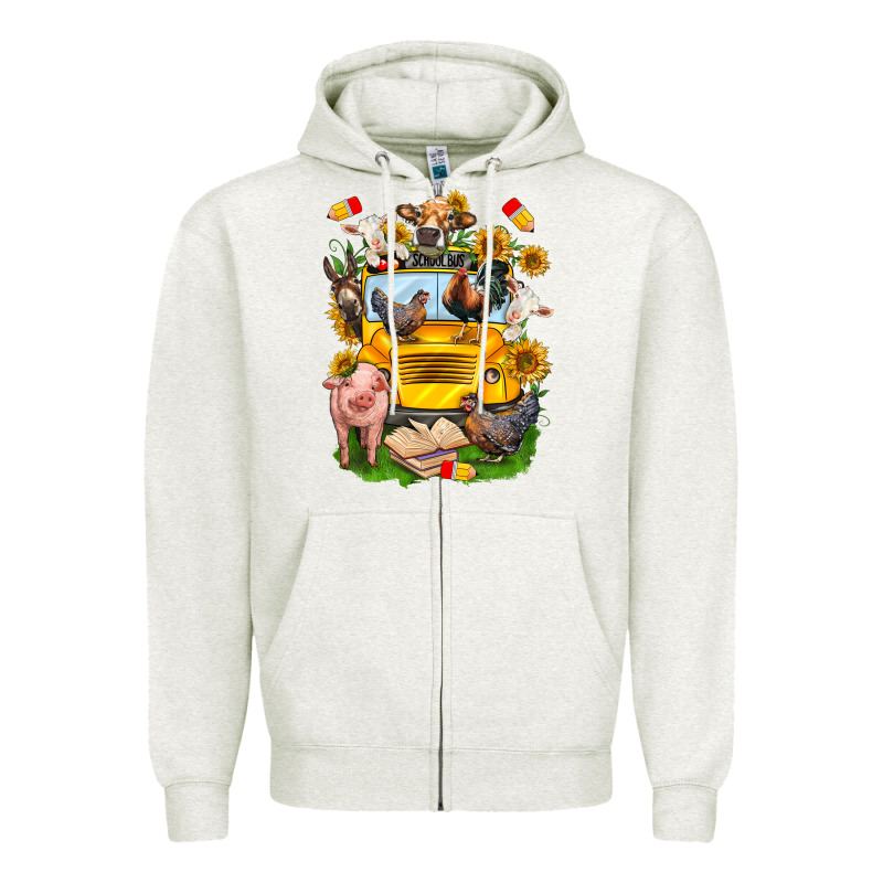 Farm Animals With School Bus Zipper Hoodie by NancyCooperArtShop | Teevron