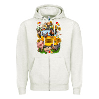 Oatmeal Heather farm animals with school bus Zipper Hoodie - NancyCooperArtShop