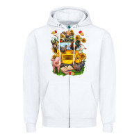 White farm animals with school bus Zipper Hoodie - NancyCooperArtShop