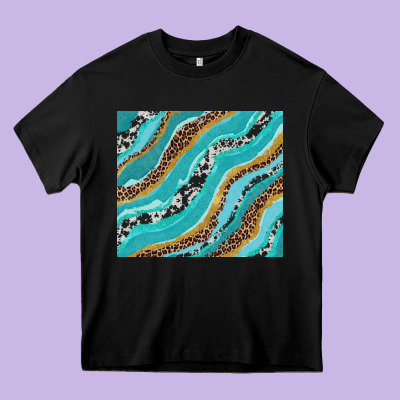 Turquoise Brushstrokes With Leopard And Cowhide Heavy Core Tee Designed By Ranaportraitstore