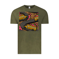 Vintage Olive flower leopard school bus seamless pattern Vintage Tee - BundleAndBundleShop