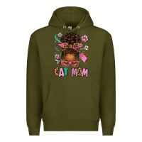 Army Green Afro Messy Bun Cat Mom Premium Hoodie - texasbilliewilder