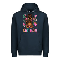 Navy Afro Messy Bun Cat Mom Premium Hoodie - texasbilliewilder
