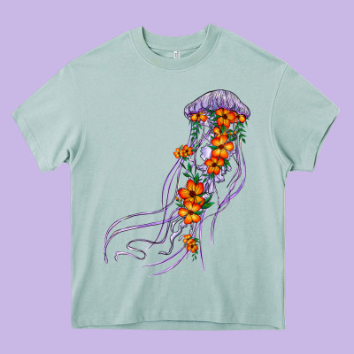 Light Purple Jellyfish And Floral Heavy Core Tee Designed By Barkaloodesign