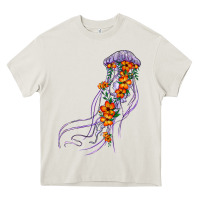 Cream light purple jellyfish and floral Heavy Core Tee - BarkalooDesign