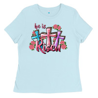 Baby Blue He Is Risen Cross Ladies Tee - RanaPortraitStore