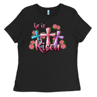 Black He Is Risen Cross Ladies Tee - RanaPortraitStore