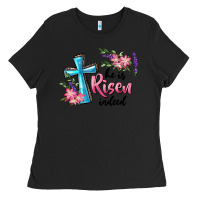 Black He Is Risen Indeed Cross And Flowers Ladies Tee - RanaPortraitStore