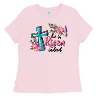 Bubblegum Pink He Is Risen Indeed Cross And Flowers Ladies Tee - RanaPortraitStore