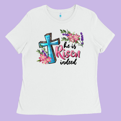 Ladies Tee He Is Risen Indeed Cross And Flowers