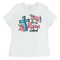 White He Is Risen Indeed Cross And Flowers Ladies Tee - RanaPortraitStore