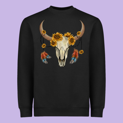 Bull Skull Sunflowers And Feathers Heavyweight Sweatshirt Designed By Adodesignshop