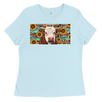 Baby Blue Heifer With Sunflower And Serape Ladies Tee - RanaPortraitStore