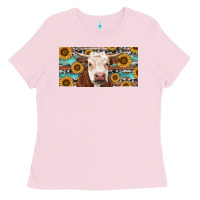 Bubblegum Pink Heifer With Sunflower And Serape Ladies Tee - RanaPortraitStore
