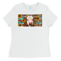 White Heifer With Sunflower And Serape Ladies Tee - RanaPortraitStore