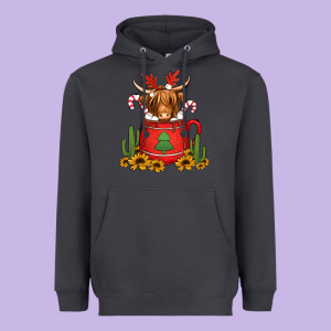 Hot Coco Christmas Highland Cow Heavyweight Hoodie Designed By Jasminsmagicworld