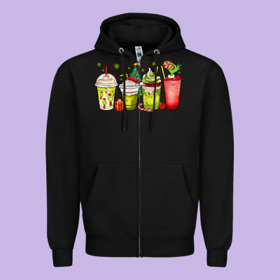 Christmas Characters Coffee Cups Zipper Hoodie Designed By Maliassmallbusiness