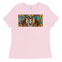 Bubblegum Pink horses with leopard and sunflowers Ladies Tee - RanaPortraitStore