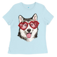 Baby Blue husky with love glasses Ladies Tee - RanaPortraitStore
