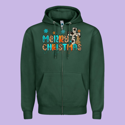 Western Merry Christmas Zipper Hoodie Designed By Maliassmallbusiness
