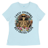 Baby Blue I Hate Everyone But Coffee Helps With Flowers Ladies Tee - RanaPortraitStore