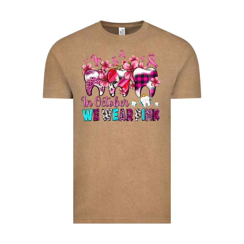In October We Wear Pink Cancer Ribbon With Teeth Vintage Tee by AdoDesignShop | Teevron