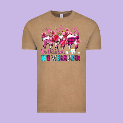 In October We Wear Pink Cancer Ribbon With Teeth Vintage Tee Designed By Adodesignshop