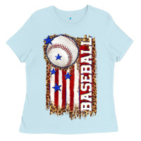 Baby Blue baseball american flag Ladies Tee - texasbilliewilder