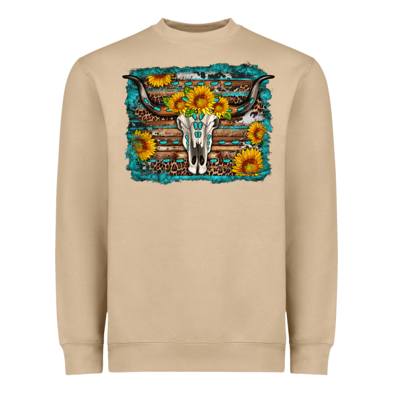 Longhorn Bull Skull Western Turquoise Background Heavyweight Sweatshirt by Artiststas | Teevron