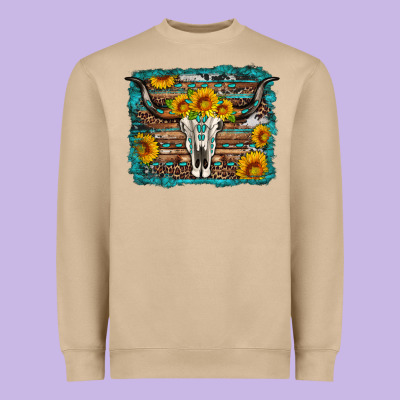Longhorn Bull Skull Western Turquoise Background Heavyweight Sweatshirt Designed By Artiststas