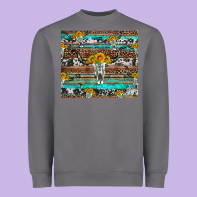 Longhorn Bull Skull Cowhide Leopard Turquoise Heavyweight Sweatshirt Designed By Artiststas