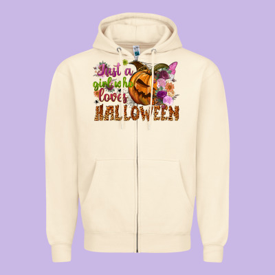 Just A Girl Who Loves Halloween Zipper Hoodie Designed By Nancycooperartshop