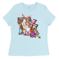 Baby Blue Louisiana Map Easter Bunny And Cross Ladies Tee - RanaPortraitStore