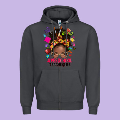 Preschool Teacher Life Afro Messy Bun Zipper Hoodie Designed By Nancycooperartshop