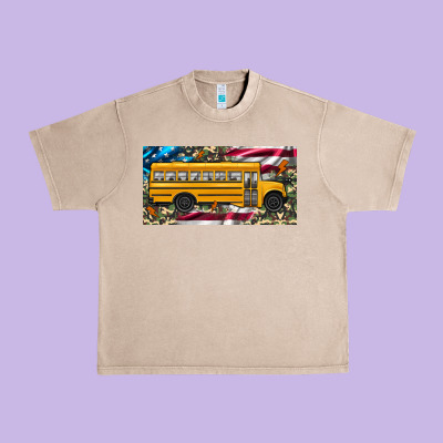 School Bus Camouflage American Flag License Plate Urban Heavy Tee Designed By Artiststas