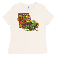Bone Louisiana Map With Mardi Gras Crocodile Ladies Tee - RanaPortraitStore