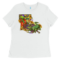 White Louisiana Map With Mardi Gras Crocodile Ladies Tee - RanaPortraitStore