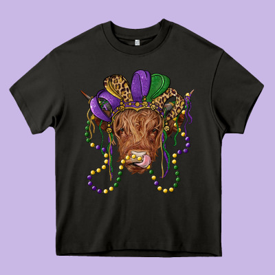 Highland Cow With Mardi Gras Hat Heavy Core Tee Designed By Ranaportraitstore