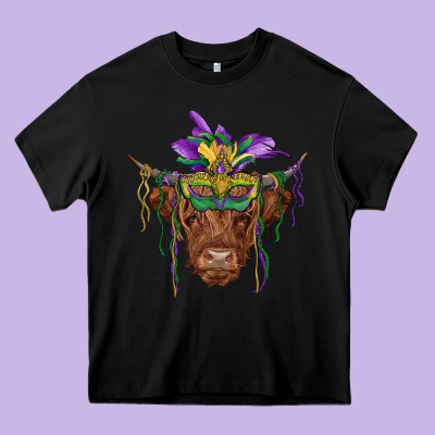 Mardi Gras Mask Highland Cow Heavy Core Tee Designed By Ranaportraitstore