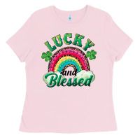 Bubblegum Pink Lucky and blessed rainbow Ladies Tee - RanaPortraitStore