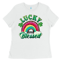 White Lucky and blessed rainbow Ladies Tee - RanaPortraitStore