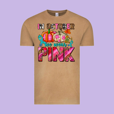 In October We Wear Pink With Pumpkins Vintage Tee Designed By Adodesignshop